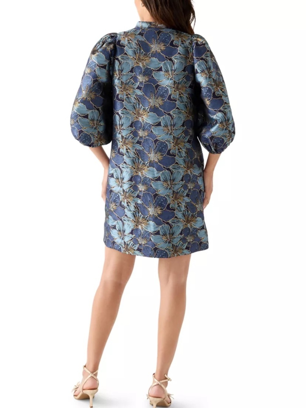 Crown & Ivy Jacquard Floral Metallic 3/4 Puff Sleeve Dress Blue Gold
